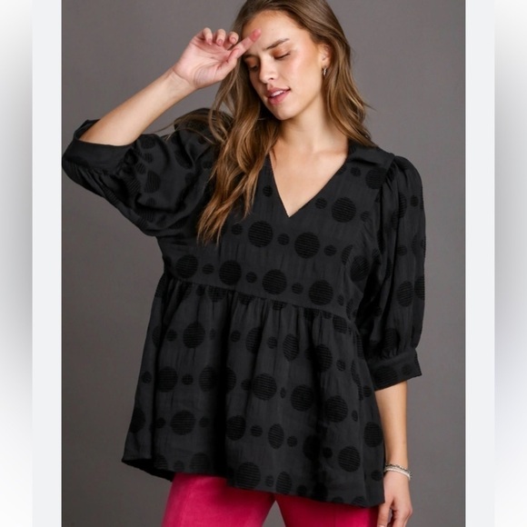 Umgee Tops - Umgee Babydoll Black Dot Blouse